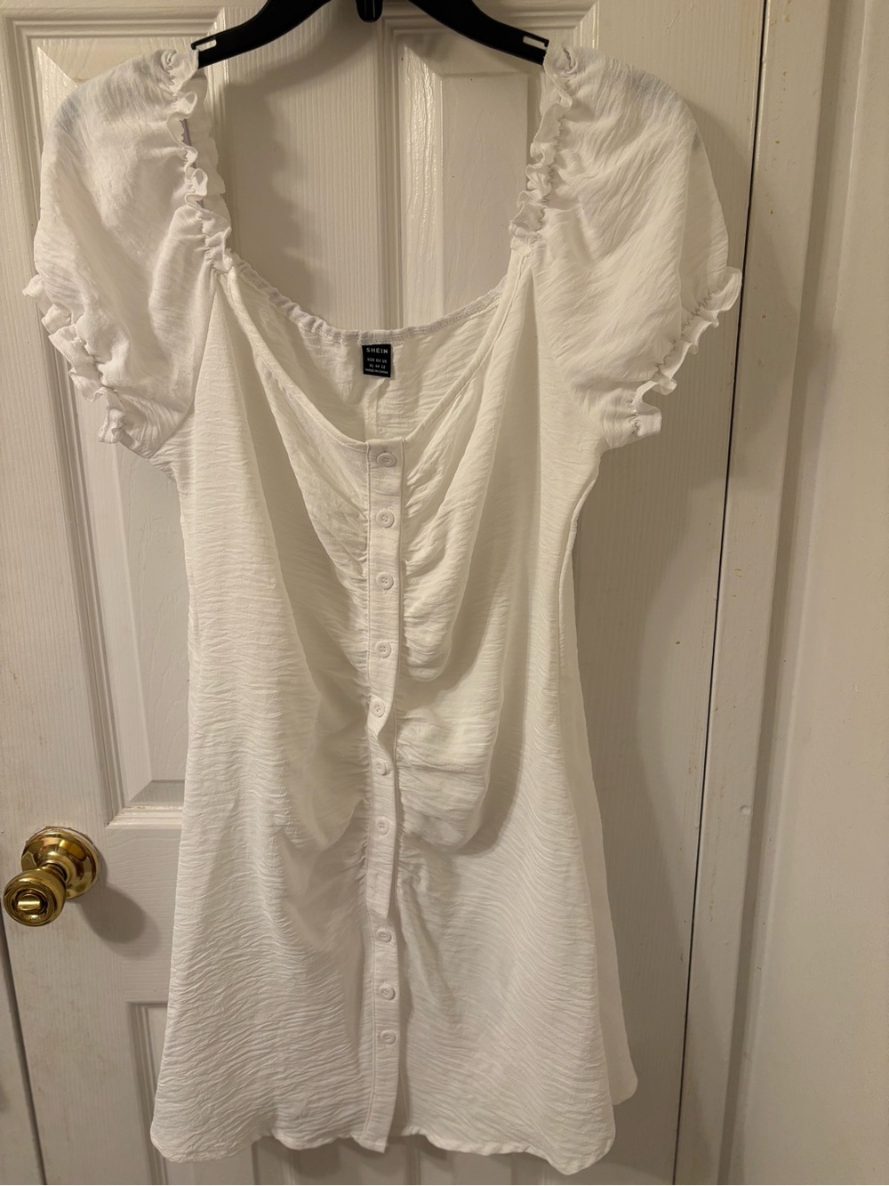 SHEIN White Button-Front Ruched Puff Sleeve Midi Dress
